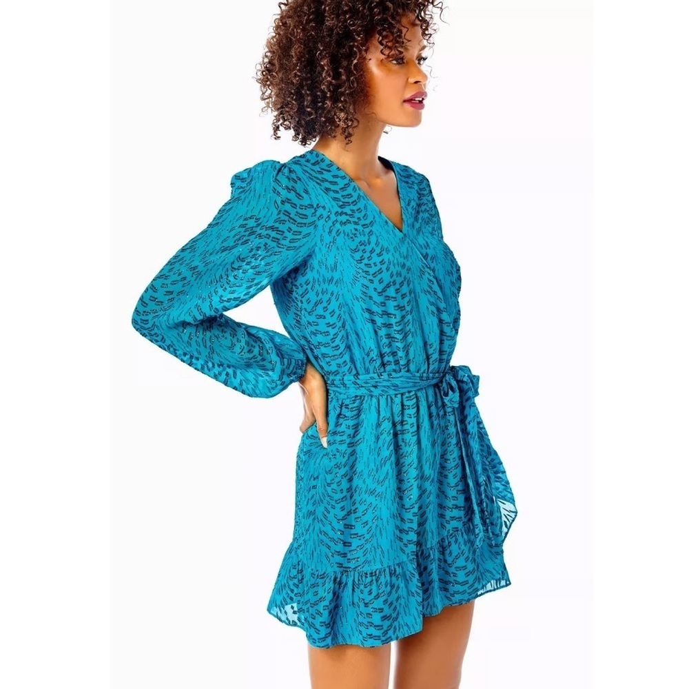 Lilly‎ Pulitzer Alfie Teal Metallic Silk Long Sleeve Belted Mini Dress Romper L
